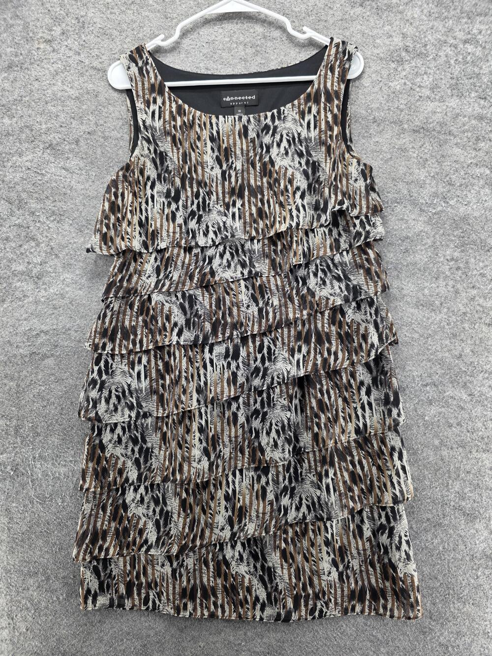 Connected Apparel Dress Womens 10 Brown Animal Print Tiered Ruffle Sleeveless